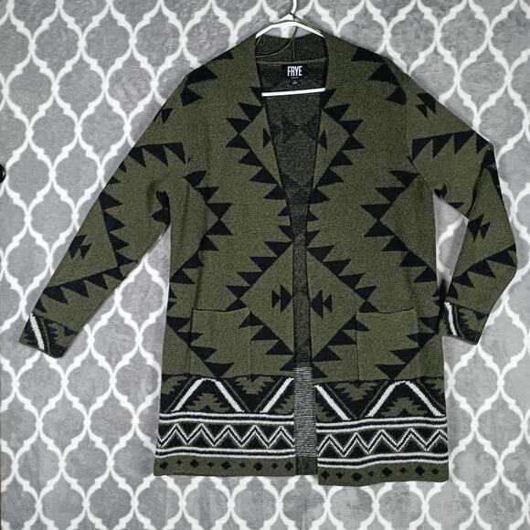 Frye Cardigan Women Size Medium Green Aztec Southwestern Knit Open Front Long - Picture 1 of 7